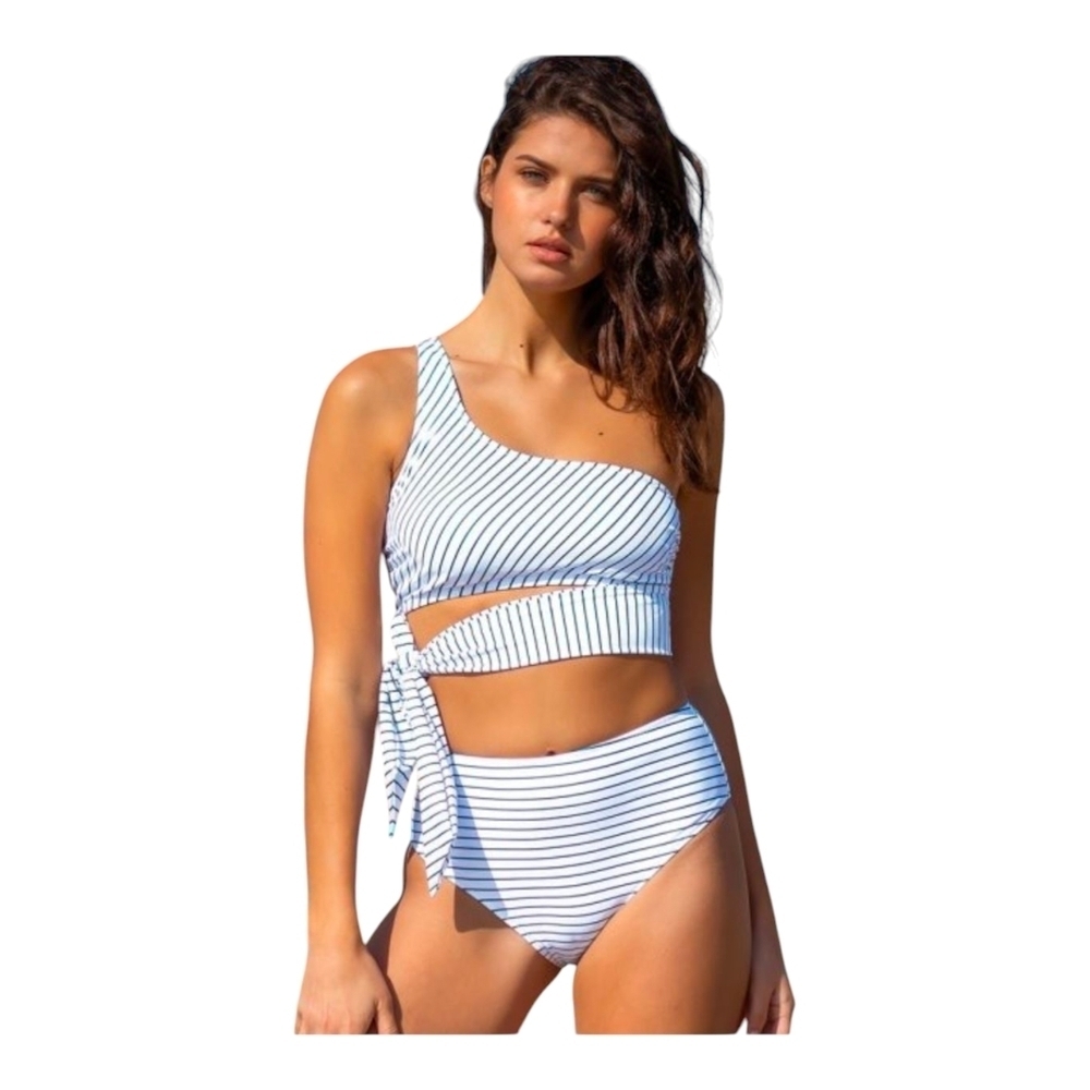 Striped One-Shoulder Bikini Set